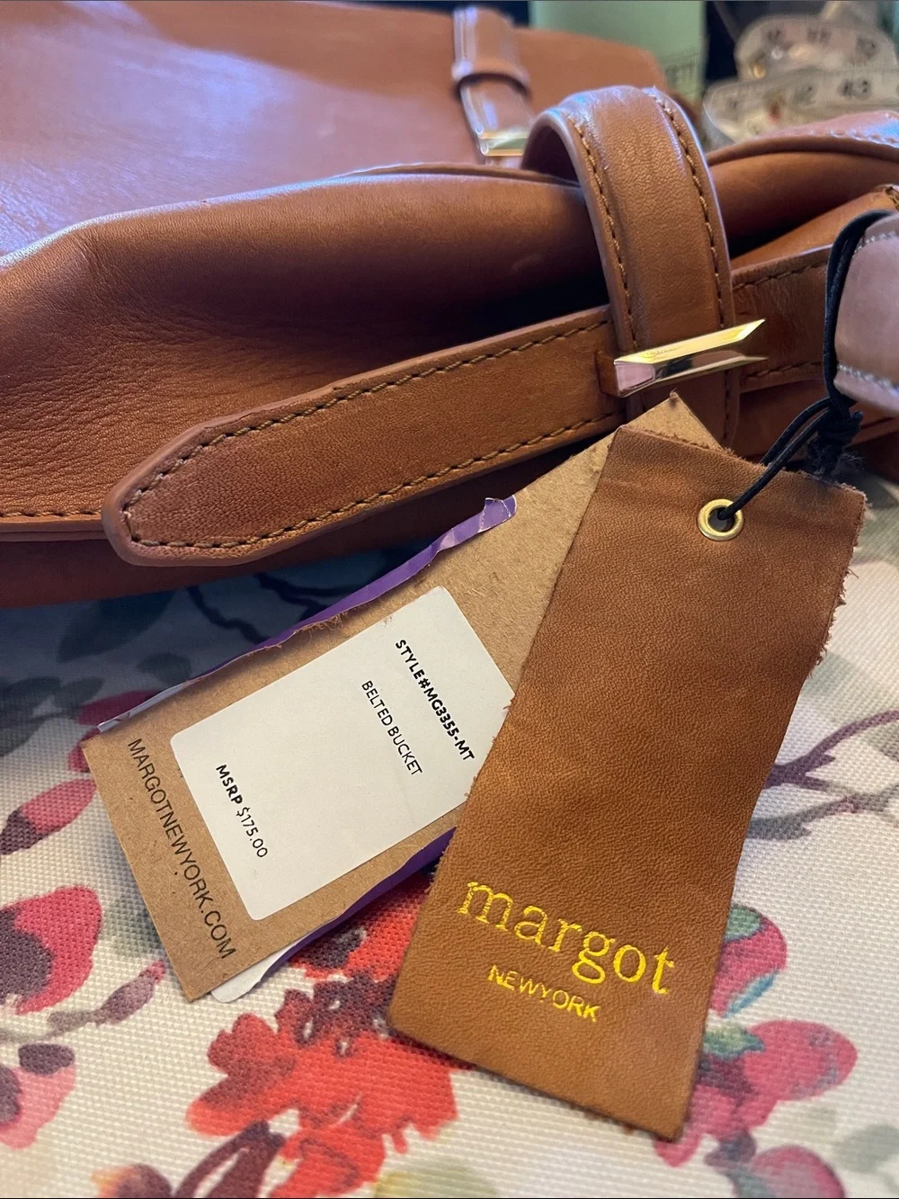 Margot New York - Leather Tan Belted Bucket Bag with Gold Hardware